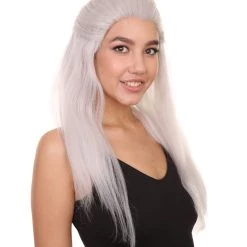 KOSMOS CW Premium Men's Long White Straight 20' Warlock Cosplay Wig - Lace Front Heat Resistant Fibers - Pulled Back Pony Tail