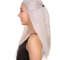 KOSMOS CW Premium Men's Long White Straight 20' Warlock Cosplay Wig - Lace Front Heat Resistant Fibers - Pulled Back Pony Tail