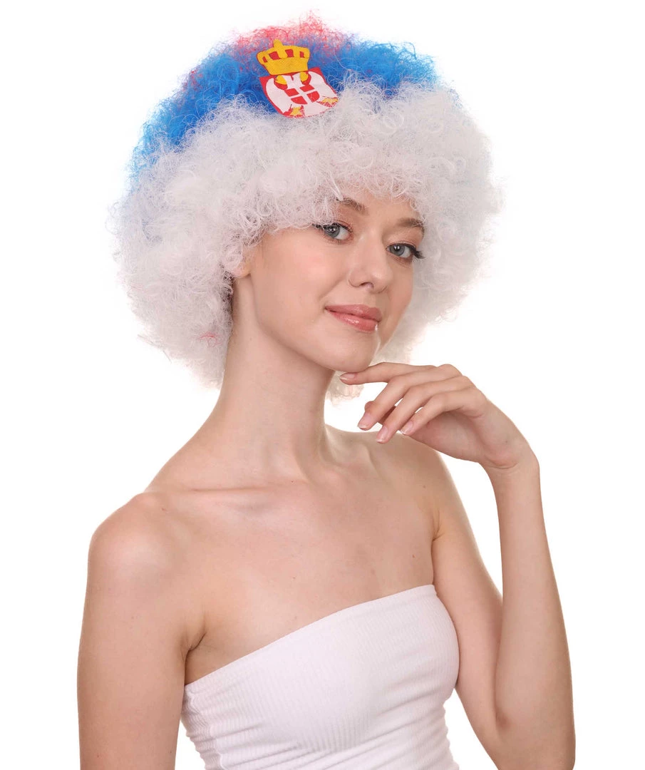 FLAGWIGS Serbia Flag Sport Afro Wig | Jumbo Super Size White Blue Red Wig Women's 7 FLAGWIGS Serbia Flag Sport Afro Wig | Jumbo Super Size White Blue Red Wig Women's