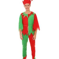 HPO Adult Men's Elf Christmas Costume | Red And Green Halloween Costume