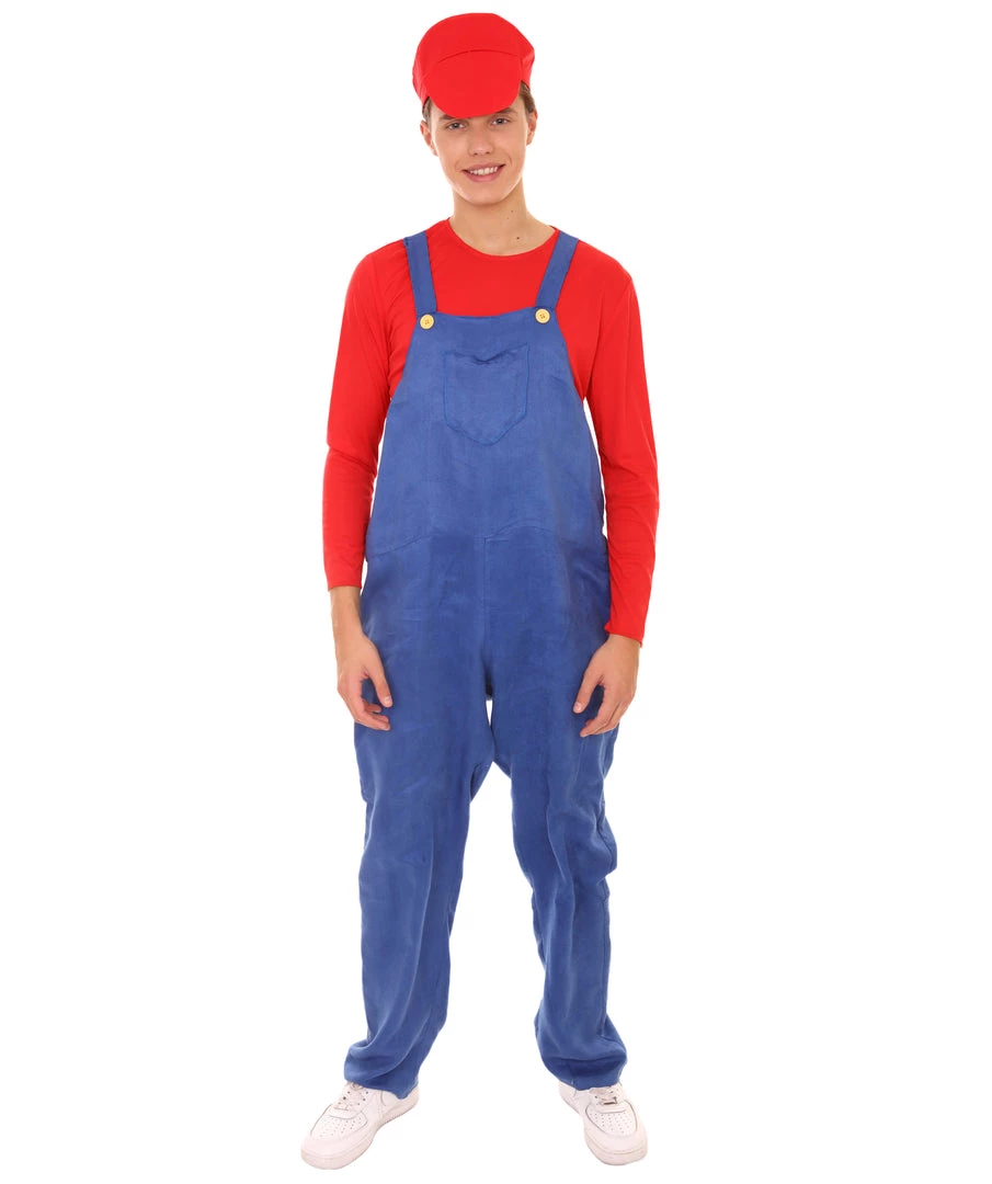 HPO Adult Men's Red Plumber Costume | Red And Blue Halloween Costume 2 HPO Adult Men's Red Plumber Costume | Red And Blue Halloween Costume