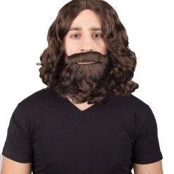 BC Adult Men's Dark Brown Color Wavy Shoulder Length Lumber Jack Wig With Full Mustache And Beard