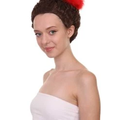 HPO Women Curly Top Bun With Red Lace Wig Dark Brown | Premium Breathable Capless Cap