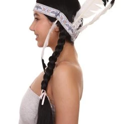 HPO Native American Princess Wig With Headband | Black Braided Historical Wigs | Premium Breathable Capless Cap Women's 11 HPO Native American Princess Wig With Headband | Black Braided Historical Wigs | Premium Breathable Capless Cap Women's