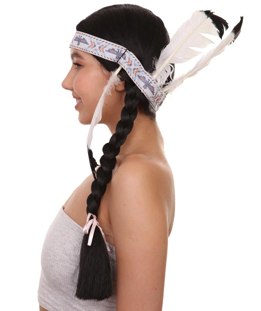 HPO Native American Princess Wig With Headband | Black Braided Historical Wigs | Premium Breathable Capless Cap Women's 3 HPO Native American Princess Wig With Headband | Black Braided Historical Wigs | Premium Breathable Capless Cap Women's
