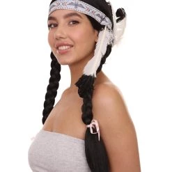 HPO Native American Princess Wig With Headband | Black Braided Historical Wigs | Premium Breathable Capless Cap Women's