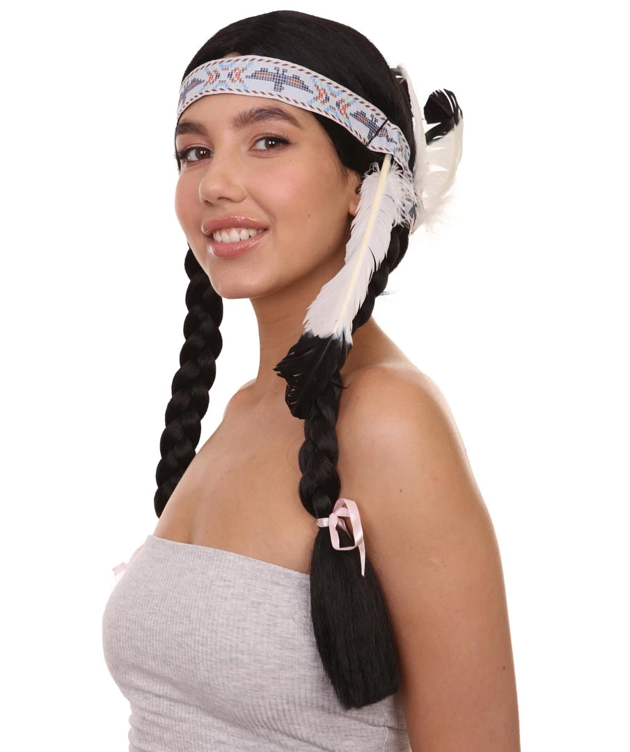 HPO Native American Princess Wig With Headband | Black Braided Historical Wigs | Premium Breathable Capless Cap Women's 2 HPO Native American Princess Wig With Headband | Black Braided Historical Wigs | Premium Breathable Capless Cap Women's