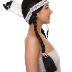 HPO Native American Princess Wig With Headband | Black Braided Historical Wigs | Premium Breathable Capless Cap Women's 13 HPO Native American Princess Wig With Headband | Black Braided Historical Wigs | Premium Breathable Capless Cap Women's