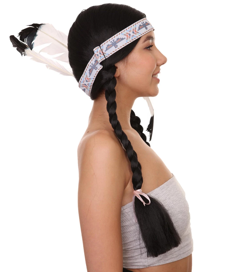 HPO Native American Princess Wig With Headband | Black Braided Historical Wigs | Premium Breathable Capless Cap Women's 5 HPO Native American Princess Wig With Headband | Black Braided Historical Wigs | Premium Breathable Capless Cap Women's