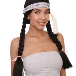 HPO Native American Princess Wig With Headband | Black Braided Historical Wigs | Premium Breathable Capless Cap Women's 14 HPO Native American Princess Wig With Headband | Black Braided Historical Wigs | Premium Breathable Capless Cap Women's