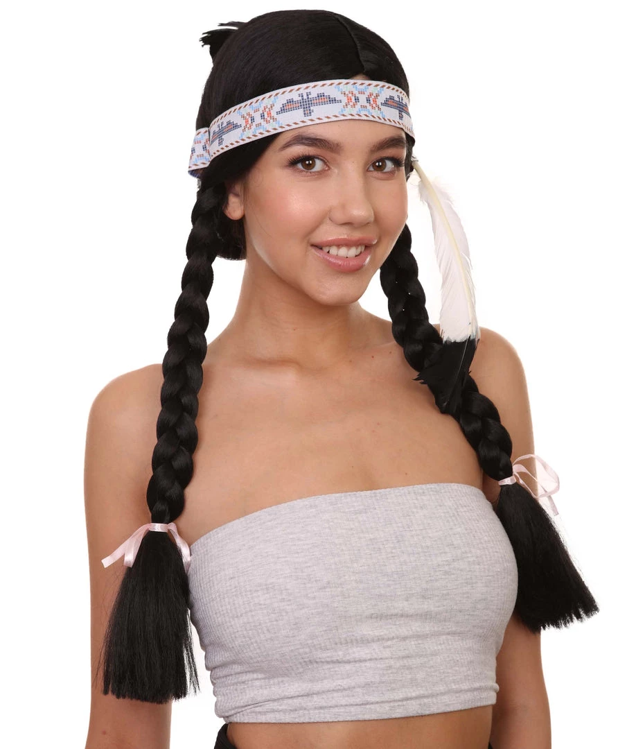 HPO Native American Princess Wig With Headband | Black Braided Historical Wigs | Premium Breathable Capless Cap Women's 6 HPO Native American Princess Wig With Headband | Black Braided Historical Wigs | Premium Breathable Capless Cap Women's