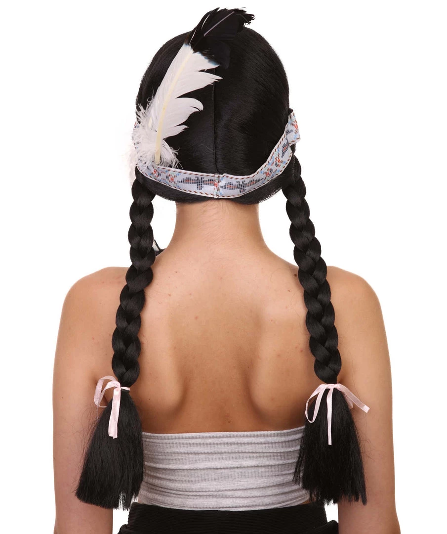 HPO Native American Princess Wig With Headband | Black Braided Historical Wigs | Premium Breathable Capless Cap Women's 4 HPO Native American Princess Wig With Headband | Black Braided Historical Wigs | Premium Breathable Capless Cap Women's