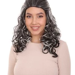HPO Women's Wicked Witch Womens Wig | Black & White Curly Medium Wig | Premium Breathable Capless Cap