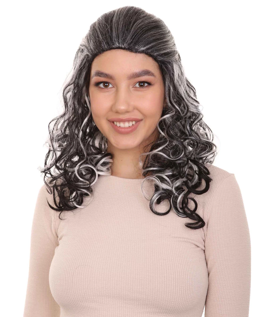 HPO Women's Wicked Witch Womens Wig | Black & White Curly Medium Wig | Premium Breathable Capless Cap 1 HPO Women's Wicked Witch Womens Wig | Black & White Curly Medium Wig | Premium Breathable Capless Cap