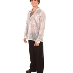 HPO Adult Men's 70's Disco Sequin Shirt Costume | White Vintage Cosplay Costume 10 HPO Adult Men's 70's Disco Sequin Shirt Costume | White Vintage Cosplay Costume