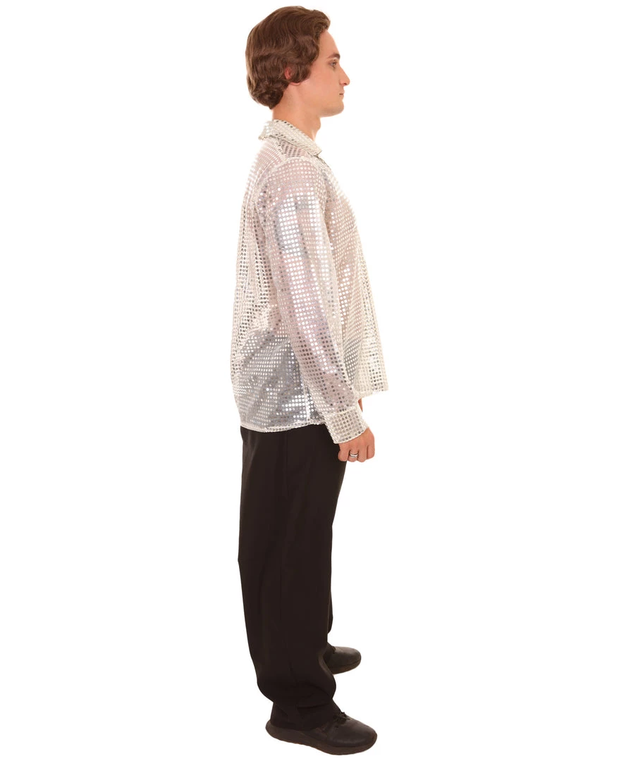 HPO Adult Men's 70's Disco Sequin Shirt Costume | White Vintage Cosplay Costume 6 HPO Adult Men's 70's Disco Sequin Shirt Costume | White Vintage Cosplay Costume