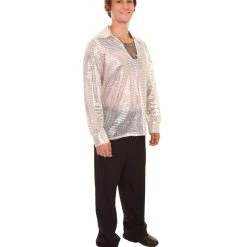 HPO Adult Men's 70's Disco Sequin Shirt Costume | White Vintage Cosplay Costume 14 HPO Adult Men's 70's Disco Sequin Shirt Costume | White Vintage Cosplay Costume
