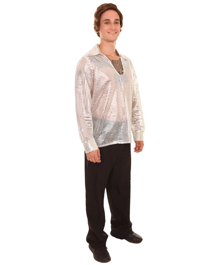 HPO Adult Men's 70's Disco Sequin Shirt Costume | White Vintage Cosplay Costume 7 HPO Adult Men's 70's Disco Sequin Shirt Costume | White Vintage Cosplay Costume