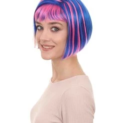 HPO Womens Actress Wig | Blue And Pink Shinning Bob Wig | Premium Breathable Capless Cap