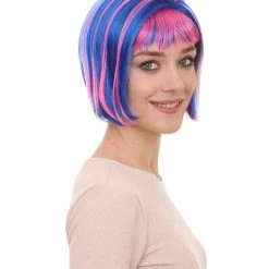 HPO Womens Actress Wig | Blue And Pink Shinning Bob Wig | Premium Breathable Capless Cap