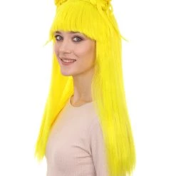 HPO Women's Neon Yellow Asian Princess Two Tied Horn Wig | Premium Breathable Capless Cap