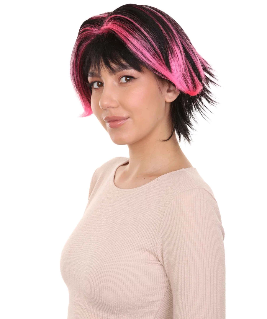 HPO Women's Short Pink & Black Wig | Party Ready Fancy Cosplay Halloween Wig | Premium Breathable Capless Cap 2 HPO Women's Short Pink & Black Wig | Party Ready Fancy Cosplay Halloween Wig | Premium Breathable Capless Cap