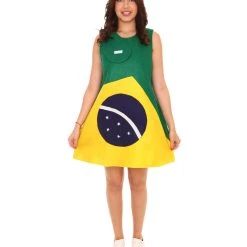 FLAGWIGS Adult Women's Brazil Flag Trolls Dress Sport Costume | Patriotic Cosplay Costume