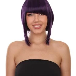 KOSMOS CW Women's Short 14' Unbalanced Bangs Purple Hero Rocker Girl Synthetic Anime Wig - Capless Cap Heat Resistant Fibers - Unconventional Bob Style