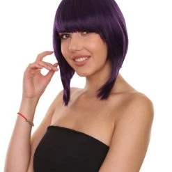 KOSMOS CW Women's Short 14' Unbalanced Bangs Purple Hero Rocker Girl Synthetic Anime Wig - Capless Cap Heat Resistant Fibers - Unconventional Bob Style