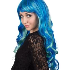 BC Women's Teal Blue Color Wavy Long Length Trendy Aquatic Beauty Wig