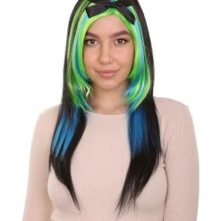 HPO Bewitching Blue Mixed Womens Wig | Farm Girl Black Blue Green Cosplay Halloween Wig | Premium Breathable Capless Cap Women's