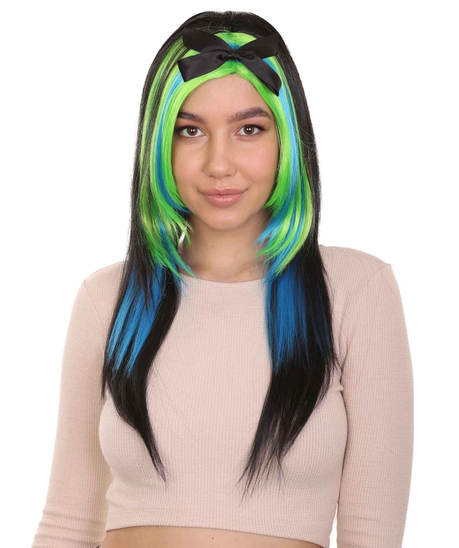 HPO Bewitching Blue Mixed Womens Wig | Farm Girl Black Blue Green Cosplay Halloween Wig | Premium Breathable Capless Cap Women's 1 HPO Bewitching Blue Mixed Womens Wig | Farm Girl Black Blue Green Cosplay Halloween Wig | Premium Breathable Capless Cap Women's