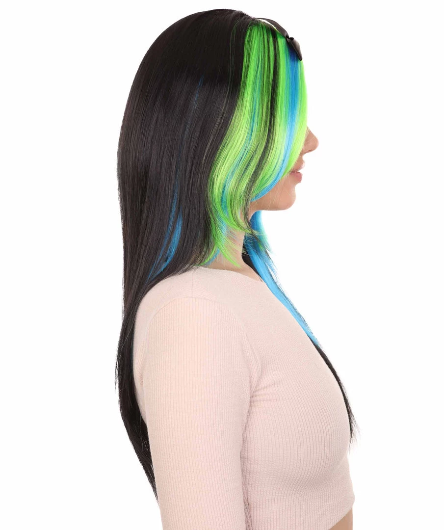 HPO Bewitching Blue Mixed Womens Wig | Farm Girl Black Blue Green Cosplay Halloween Wig | Premium Breathable Capless Cap Women's 5 HPO Bewitching Blue Mixed Womens Wig | Farm Girl Black Blue Green Cosplay Halloween Wig | Premium Breathable Capless Cap Women's