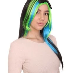 HPO Bewitching Blue Mixed Womens Wig | Farm Girl Black Blue Green Cosplay Halloween Wig | Premium Breathable Capless Cap Women's 14 HPO Bewitching Blue Mixed Womens Wig | Farm Girl Black Blue Green Cosplay Halloween Wig | Premium Breathable Capless Cap Women's