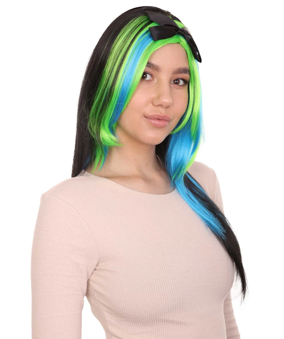 HPO Bewitching Blue Mixed Womens Wig | Farm Girl Black Blue Green Cosplay Halloween Wig | Premium Breathable Capless Cap Women's 6 HPO Bewitching Blue Mixed Womens Wig | Farm Girl Black Blue Green Cosplay Halloween Wig | Premium Breathable Capless Cap Women's
