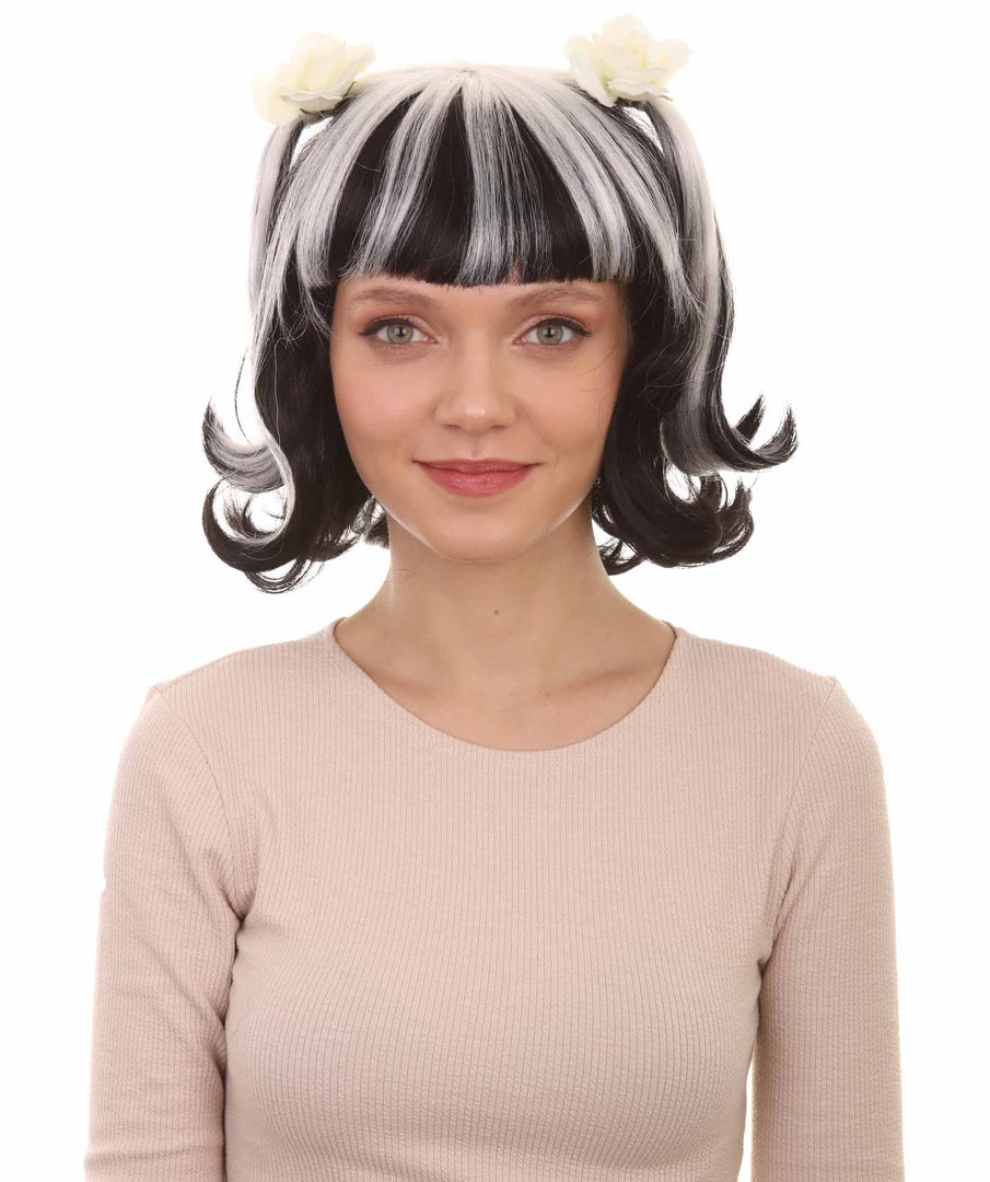 HPO Womens Gothic Pigtail Ghost Witch Bride Zombie Wig With Rose | Two Tones Black And Grey Scary Wigs | Premium Breathable Capless Cap Women's 1 HPO Womens Gothic Pigtail Ghost Witch Bride Zombie Wig With Rose | Two Tones Black And Grey Scary Wigs | Premium Breathable Capless Cap Women's