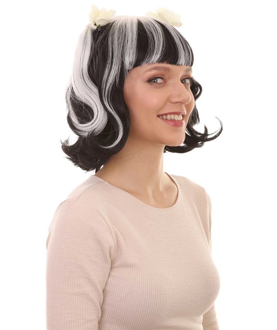 HPO Womens Gothic Pigtail Ghost Witch Bride Zombie Wig With Rose | Two Tones Black And Grey Scary Wigs | Premium Breathable Capless Cap Women's 6 HPO Womens Gothic Pigtail Ghost Witch Bride Zombie Wig With Rose | Two Tones Black And Grey Scary Wigs | Premium Breathable Capless Cap Women's