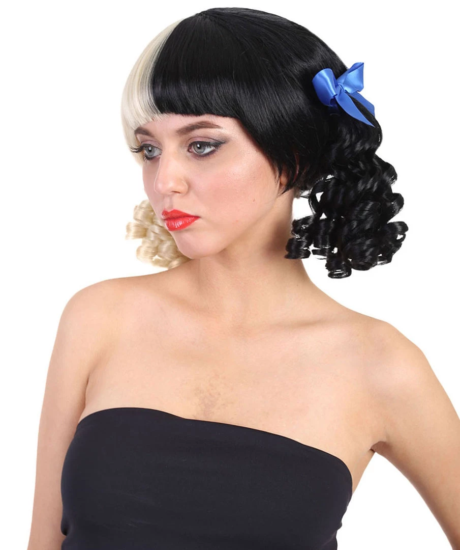 HPO Women's Wig | Curly Ponytail Wig W/ Blue Ribbons, Black & Blonde Celebrity Wig | Premium Breathable Capless Cap 3 HPO Women's Wig | Curly Ponytail Wig W/ Blue Ribbons, Black & Blonde Celebrity Wig | Premium Breathable Capless Cap