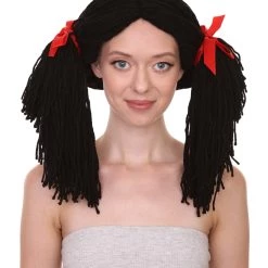 HPO Women's Gothic Rag Doll Womens Wig | Horror Halloween Wig With Red Ribbon | Premium Breathable Capless Cap