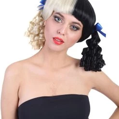 HPO Women's Wig | Curly Ponytail Wig W/ Blue Ribbons, Black & Blonde Celebrity Wig | Premium Breathable Capless Cap