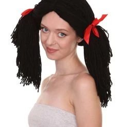 HPO Women's Gothic Rag Doll Womens Wig | Horror Halloween Wig With Red Ribbon | Premium Breathable Capless Cap
