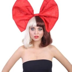 HPO Singer Women's Short Straight Wig | W/ Large Red Bow Brown & Blonde Celebrity Wig | Premium Breathable Capless Cap