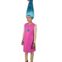 HPO Women's Long Length Halloween Animated Blue Pop Troll Pink Bow Wig With Costume
