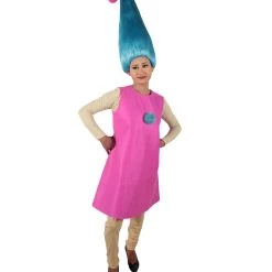 HPO Women's Long Length Halloween Animated Blue Pop Troll Pink Bow Wig With Costume
