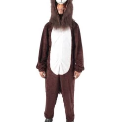 HPO Men's Adult Unisex Brown & White Straight Long Jumpsuit Lion Costume Bundle