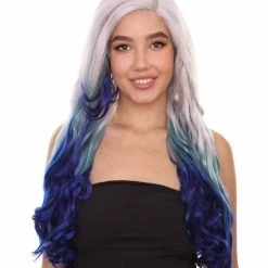 Adult Women's 27" Inch Long Length Wavy C-Part Lace Natural Blue White Ombre Hairline Icon Beauty Wig, 100% Heat Resistant Fibers, Perfect For Your Everyday Wear And Styling To Your Expectations! | Nunique