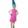 HPO Women's Long Length Halloween Animated Blue Pop Troll Pink Bow Wig With Costume