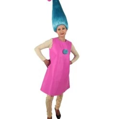 HPO Women's Long Length Halloween Animated Blue Pop Troll Pink Bow Wig With Costume