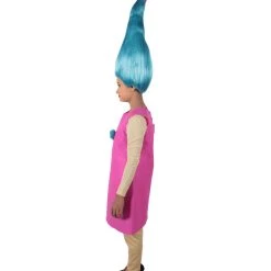 HPO Women's Long Length Halloween Animated Blue Pop Troll Pink Bow Wig With Costume