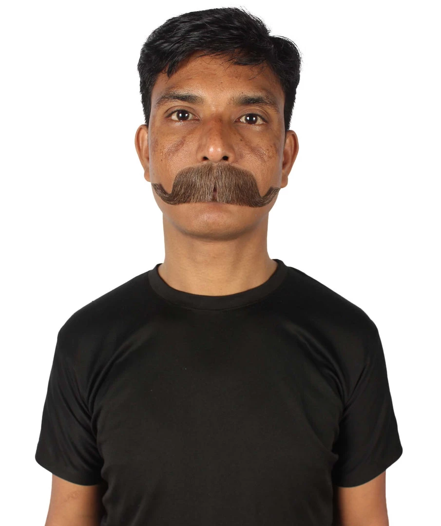 HPO Adult Men's Fake Human Hair Grandpa Curly Comb Mustache | Brown 1 HPO Adult Men's Fake Human Hair Grandpa Curly Comb Mustache | Brown